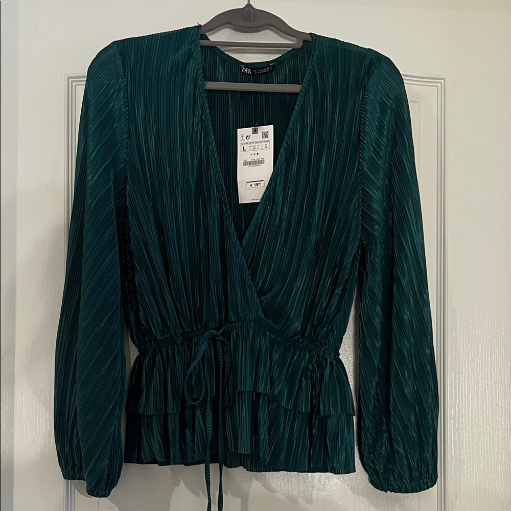 Zara Emerald Pleated Blouse with Waist Tie